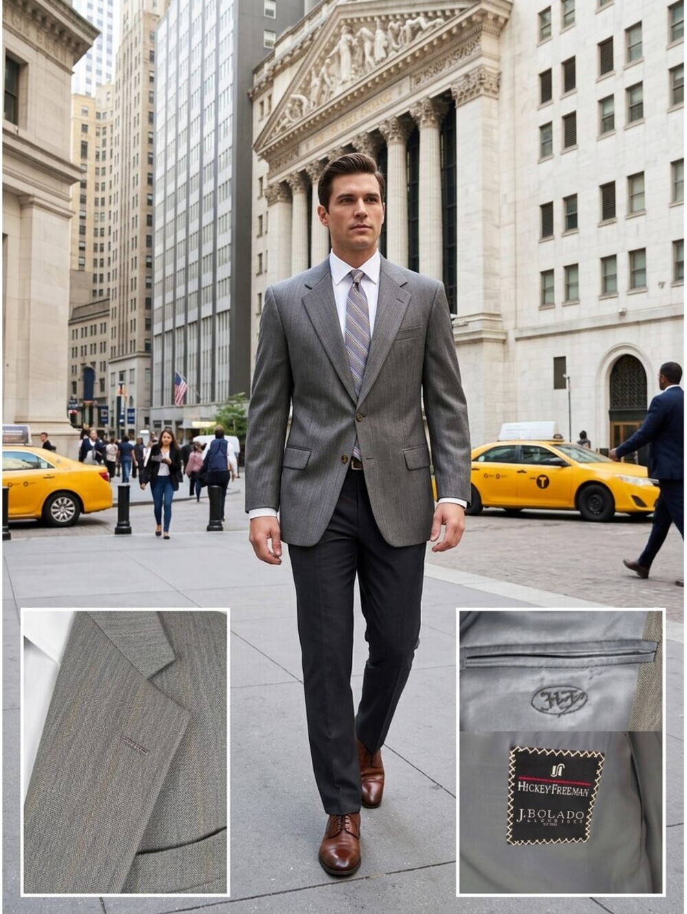 Vintage 1999 Hickey Freeman Men's 42L Gray Herringbone Suit Jacket J Bolado Y2K